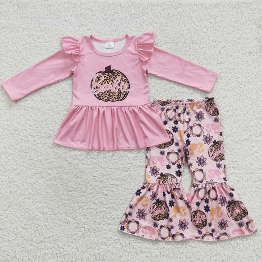 GLP0503 Pink BA leopard pumpkin flowers print girls fall clothes set