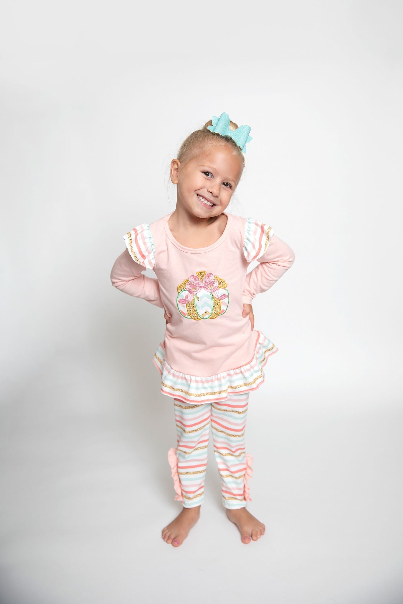 GLP0513 Pink pumpkin top stripes pants girls fall clothes set