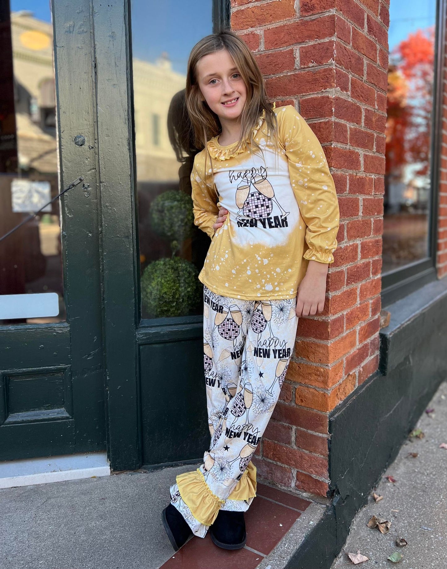 GLP0516 Champagne Happy New Year Bell Pants Girls Clothes Set