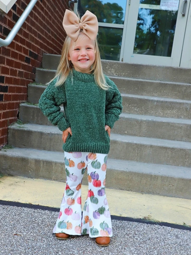 GLP0537 Green sweater top pumpkin bell pants girls clothes sets