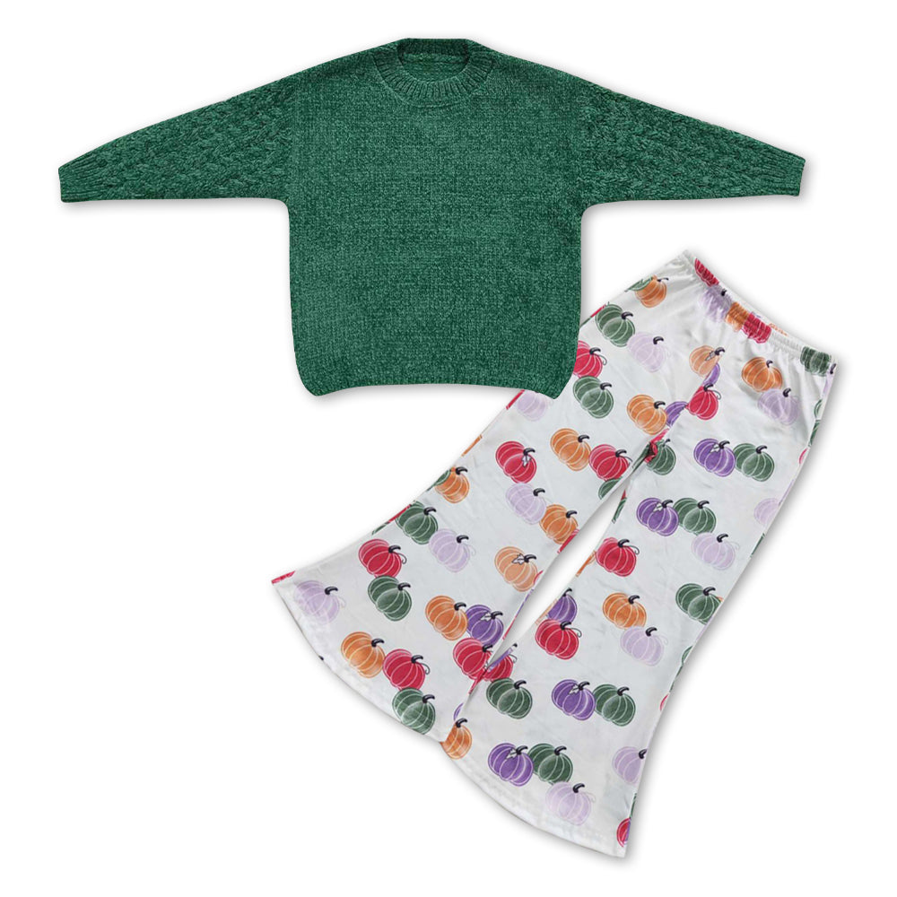 GLP0537 Green sweater top pumpkin bell pants girls clothes sets