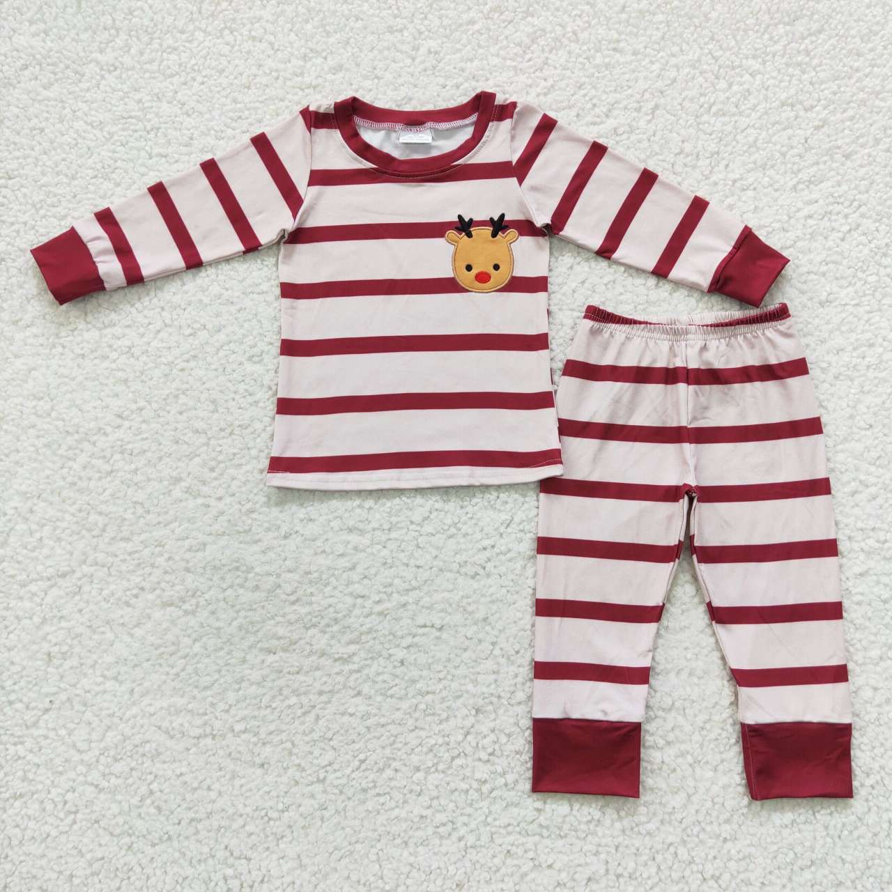 GLP0549 Red stripes reindeer embroidery print girls Christmas pajamas