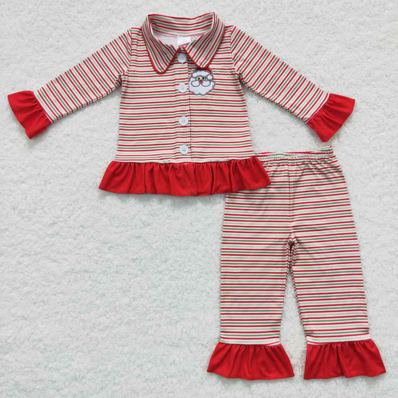 Santa Embroidery Red Green Stripes Print Family Christmas Pajamas Matching Clothes