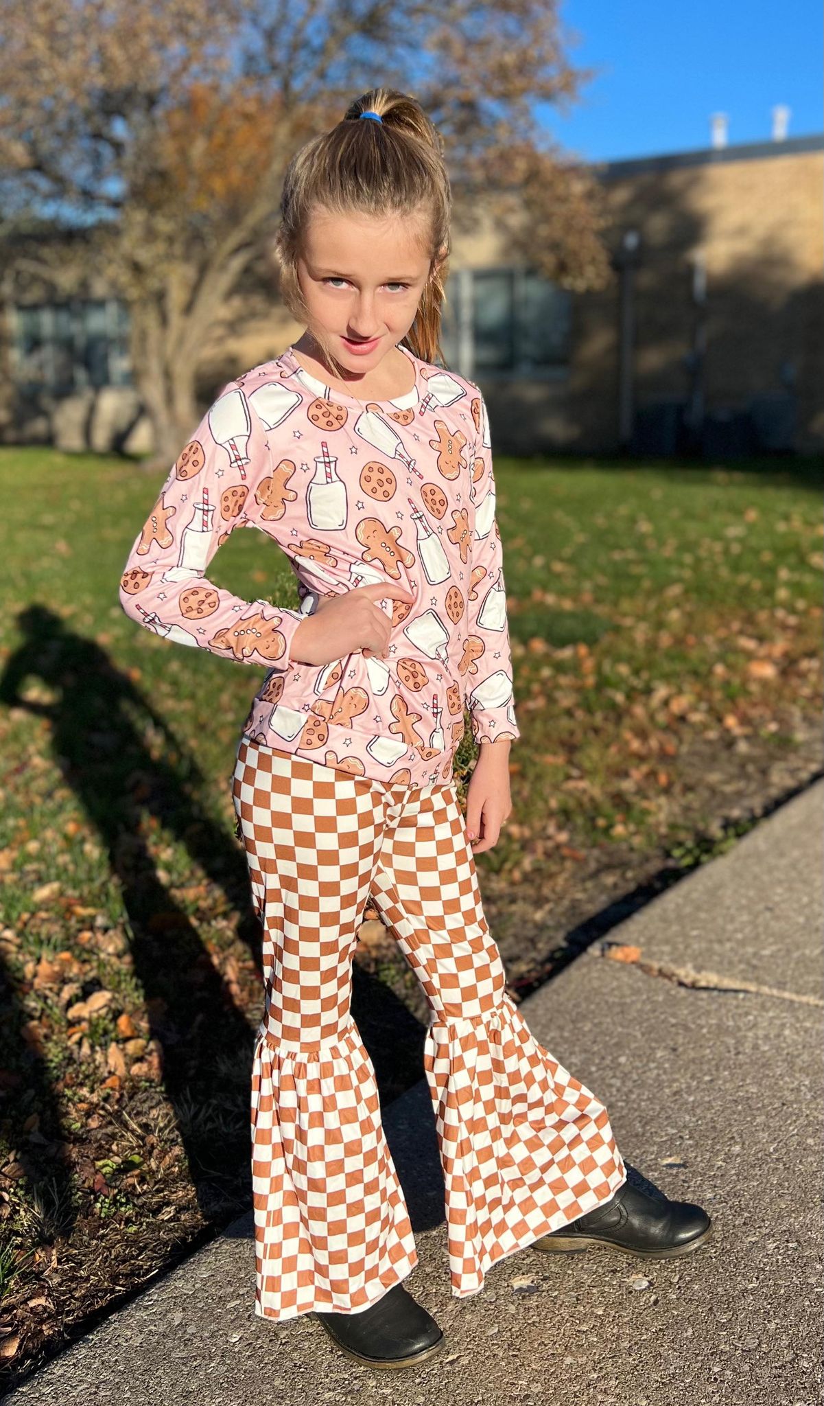 GLP0554 Girls Gingerbread top Plaid bell pants Christmas clothes set