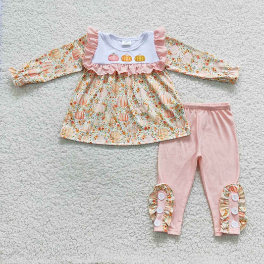 GLP0561 Girls pumpkin embroidery tunic top pink legging pants fall clothes set