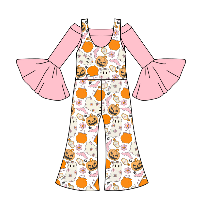 GLP0568 Pink flowers pumpkin ghost girls Halloween jumpsuit clothes set