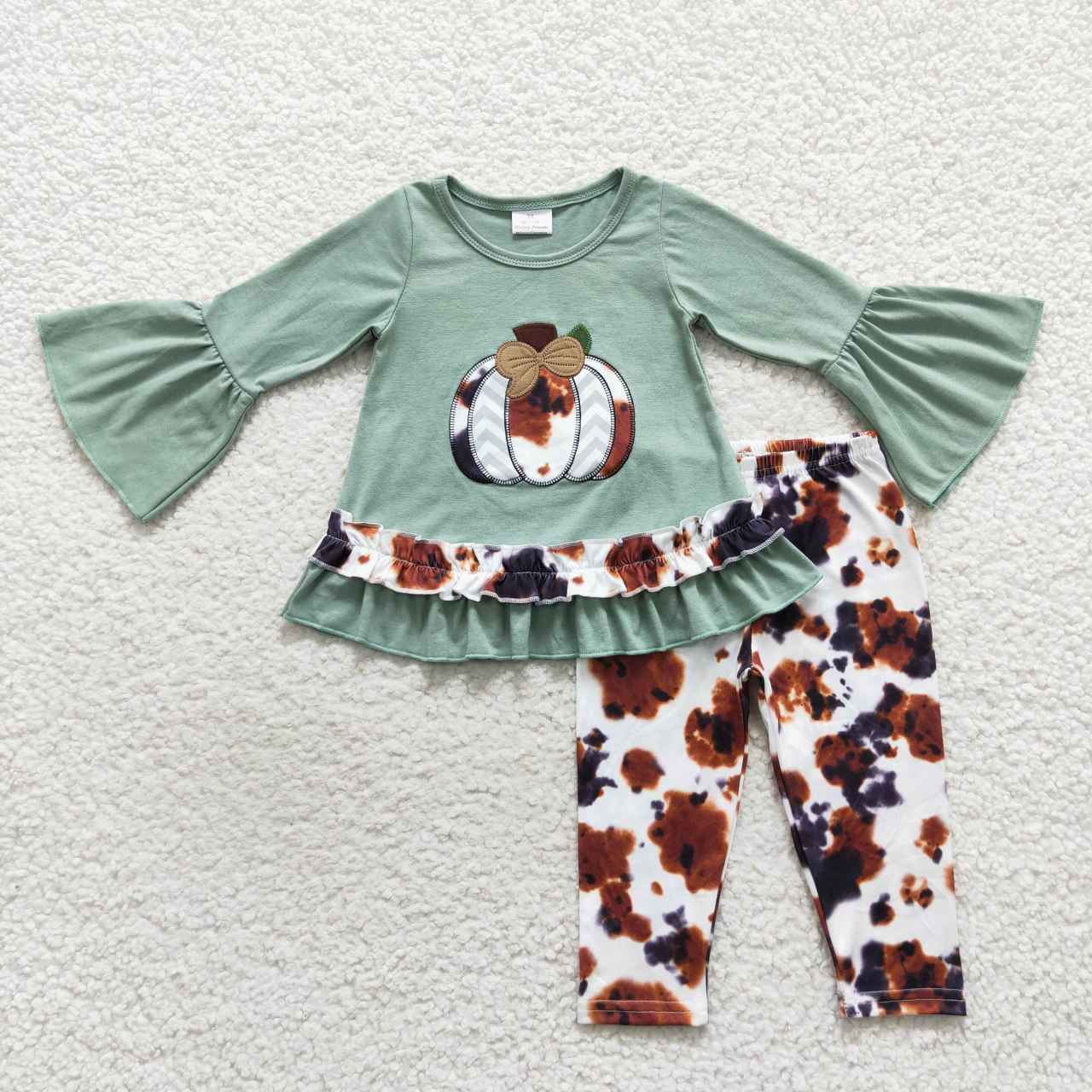 GLP0578 Cowhide pumpkin embroidery ruffles top legging pants girls clothes set