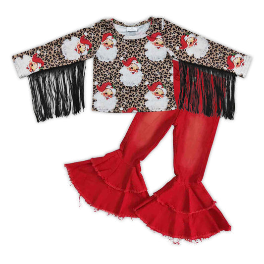 GLP0595 Christmas Santa tassel top red denim bell pants girls jeans clothes set