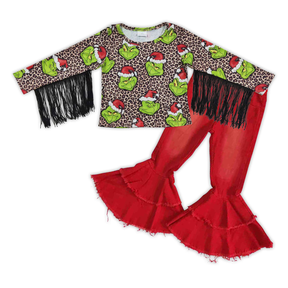 GLP0598 Christmas frog tassel top red denim bell pants girls jeans clothes set