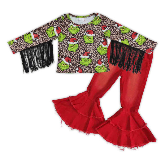 GLP0598 Christmas frog tassel top red denim bell pants girls jeans clothes set