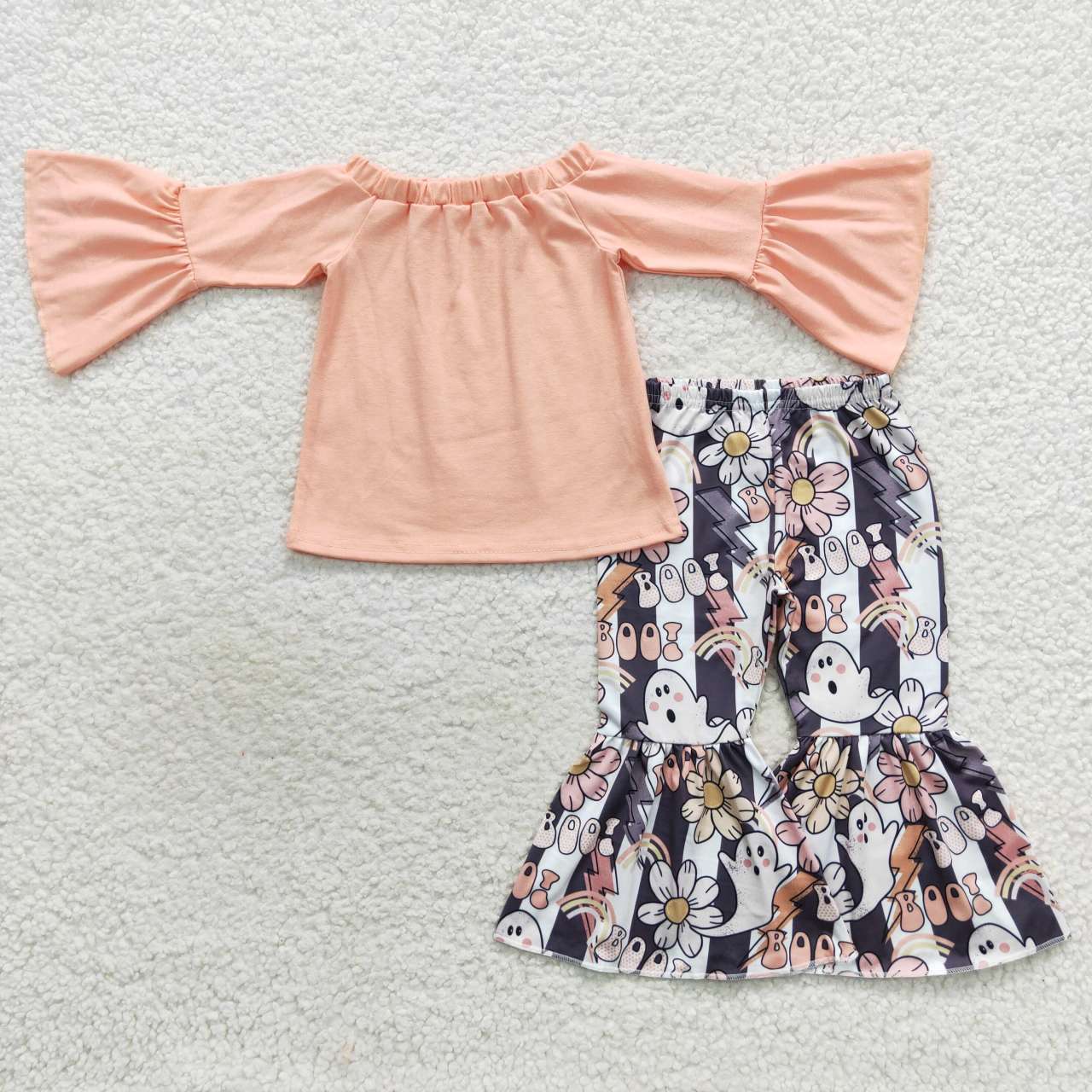 GLP0605 Off shoulder cotton top flowers ghost bell pants girls Halloween clothes set