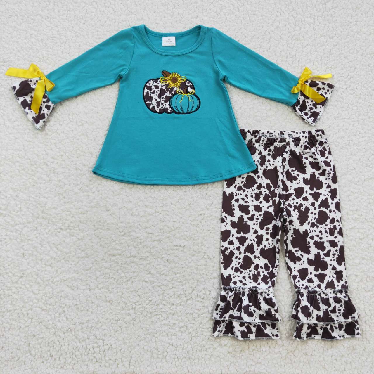 GLP0622 Girls Pumpkin Embroidery Blue Top Cow Print Pants Clothes Set glp0622-girls-pumpkin-embroidery-blue-top-cow-print-pants-clothes-set