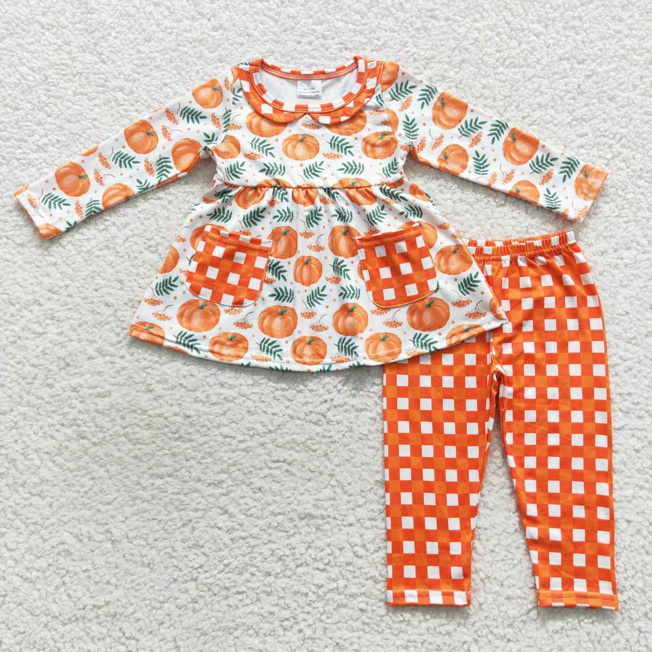 GLP0640 Girls pumpkin pockets tunic top orange plaid legging pants clothes set