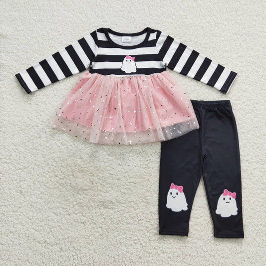 GLP0651 Cute ghost pink tulle tunic top legging pants girls Halloween clothes set