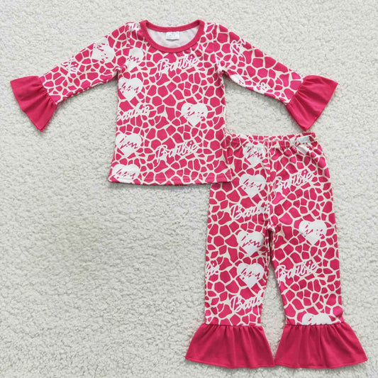 (Promotion)GLP0653 Pink BA heart print girls pajamas clothes set