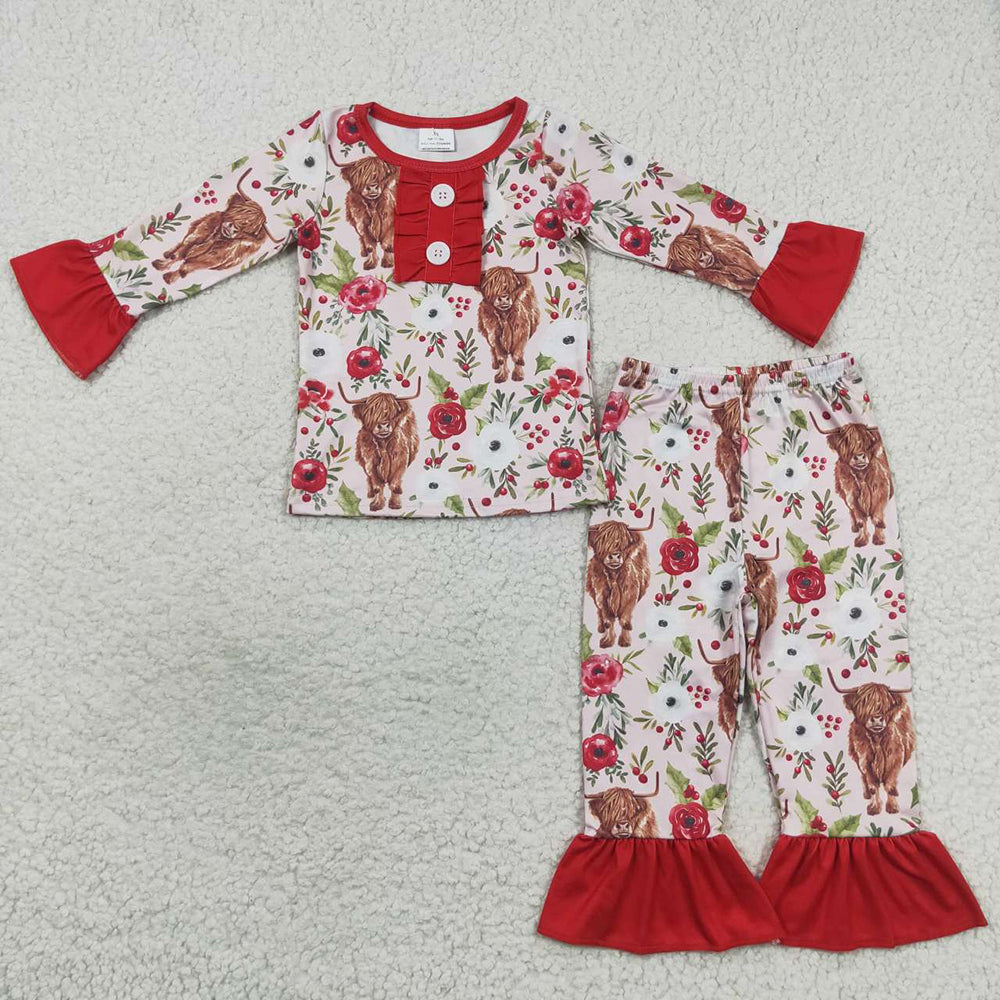 Highland Cow Red Flowers Girls Valentine's Day Clothes Sisters Western Wear