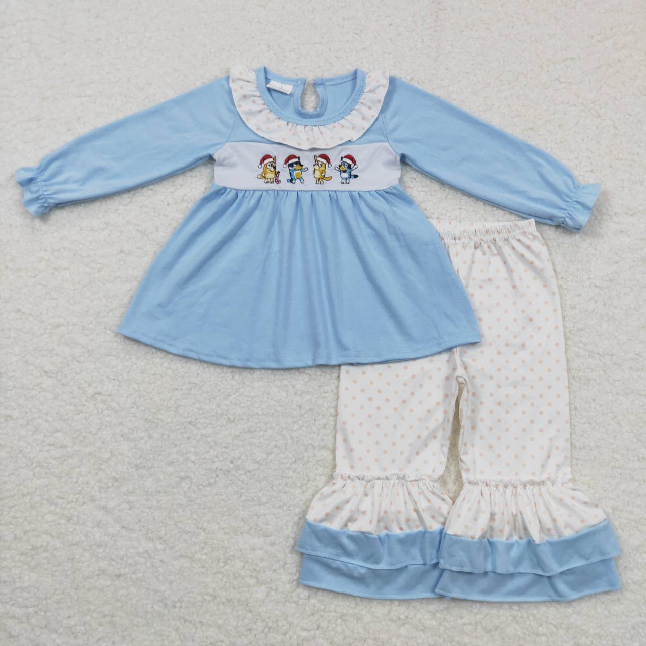 GLP0675 Blue cartoon dog print girls Christmas clothes set