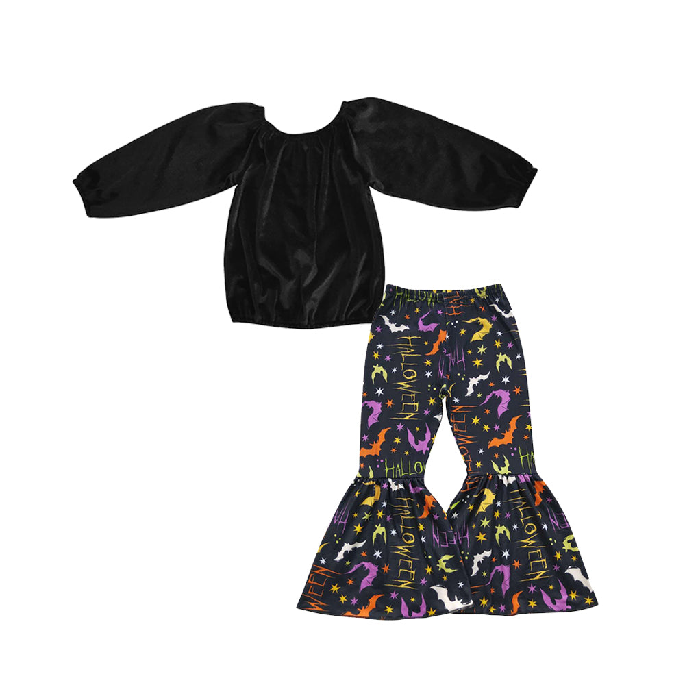 GLP0630 Girls velvet black off shoulder elastic fall top witches bat print bell bottom pants Halloween outfits