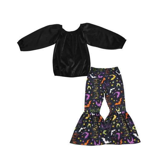 GLP0630 Girls velvet black off shoulder elastic fall top witches bat print bell bottom pants Halloween outfits