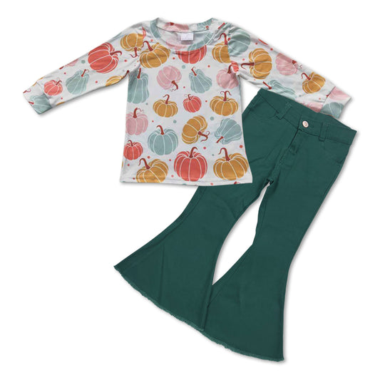 GLP0703 Colorful pumpkin print top green denim bell bottom jeans girls fall clothes set