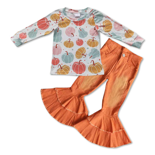 GLP0704 Colorful pumpkin print top orange denim bell bottom jeans girls fall clothes set