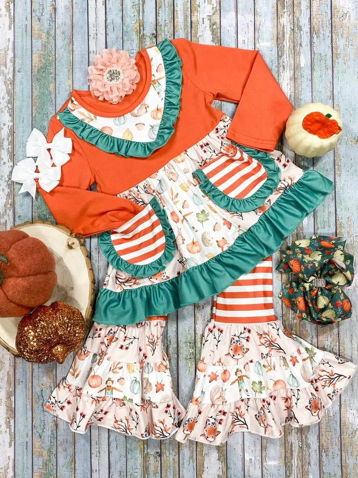 GLP0743 Orange pumpkin pockets girls bell pants fall clothes set