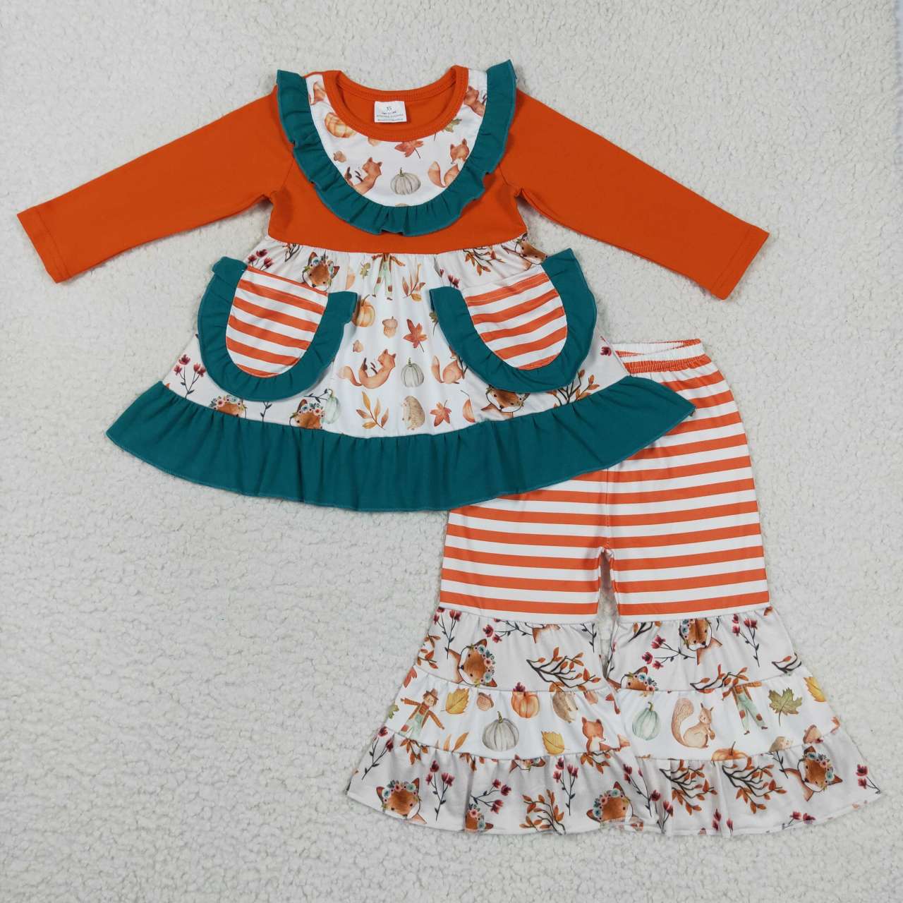 GLP0743 Orange pumpkin pockets girls bell pants fall clothes set