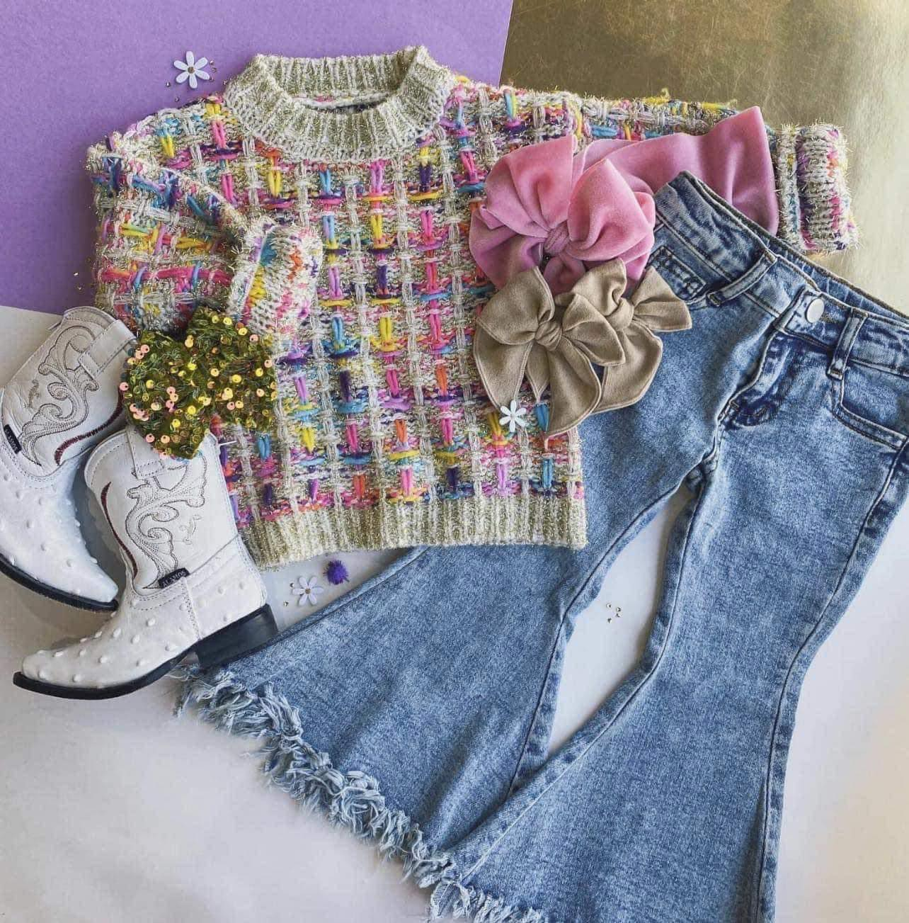 GLP0753 Colorful sweaters top blue denim bell jeans girls fall clothes set
