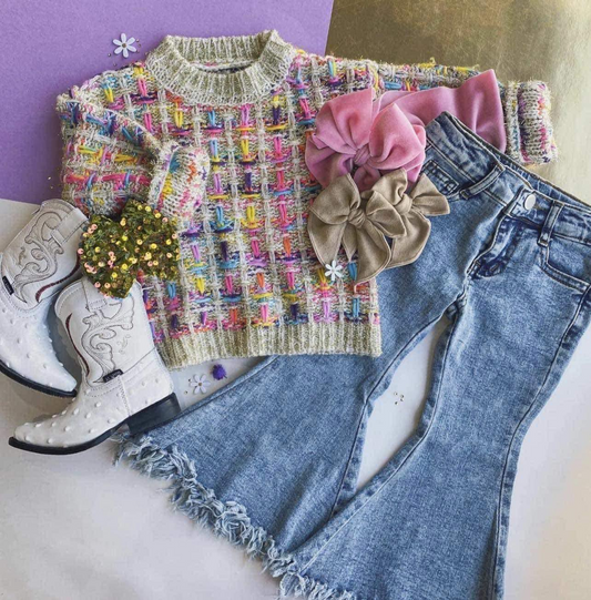 GLP0753 Colorful sweaters top blue denim bell jeans girls fall clothes set