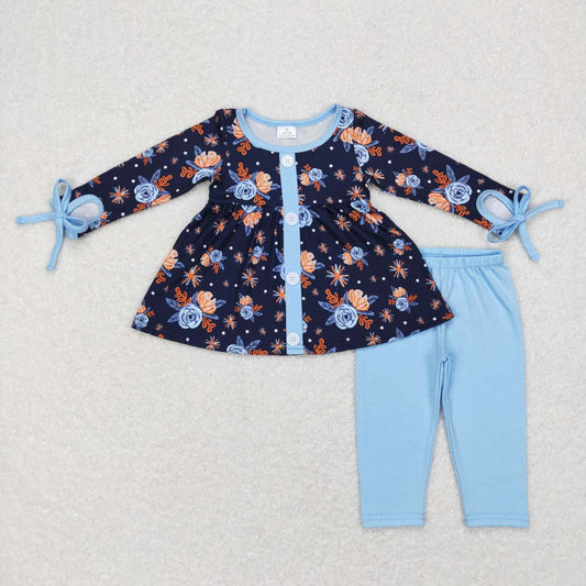 GLP0756 Black Blue Flowers Girls Legging Pants Fall Clothes Set