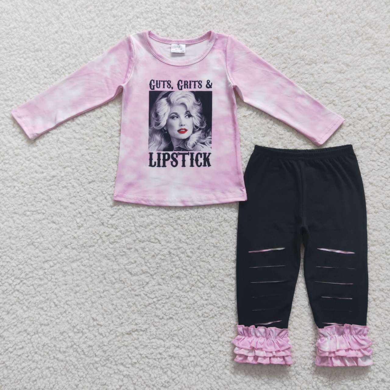 GLP0760 Pink Singer Print Top Black Hole Legging Pants Girls Clothes Set