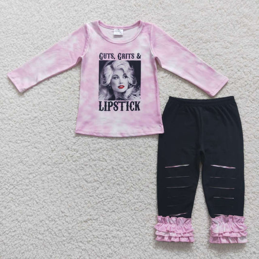 GLP0760 Pink Singer Print Top Black Hole Legging Pants Girls Clothes Set
