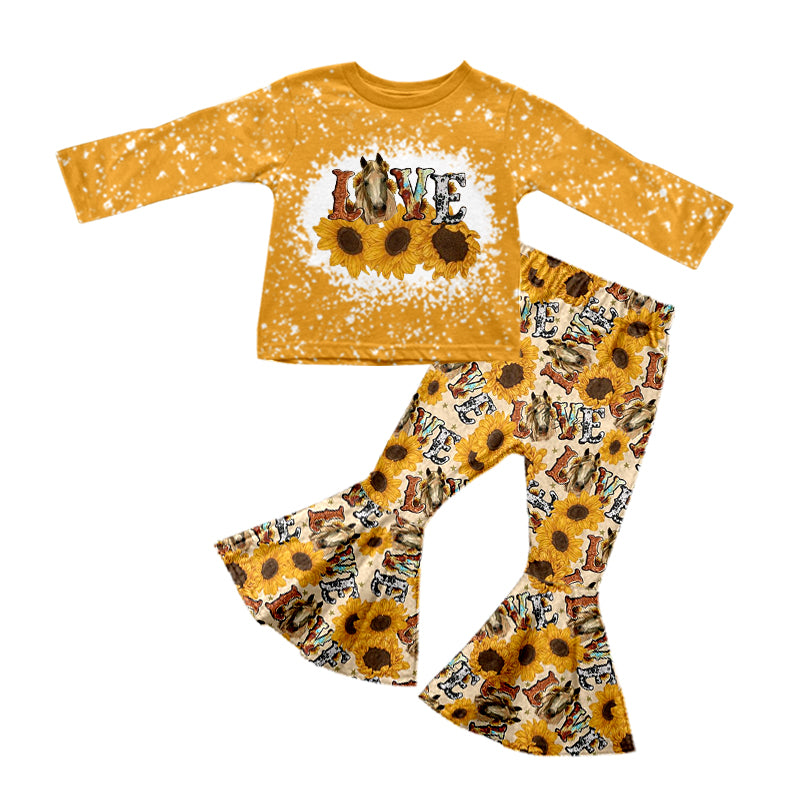 (Pre-order)GLP0770 Mustard sunflowers horse print bell pants girls western clothes set