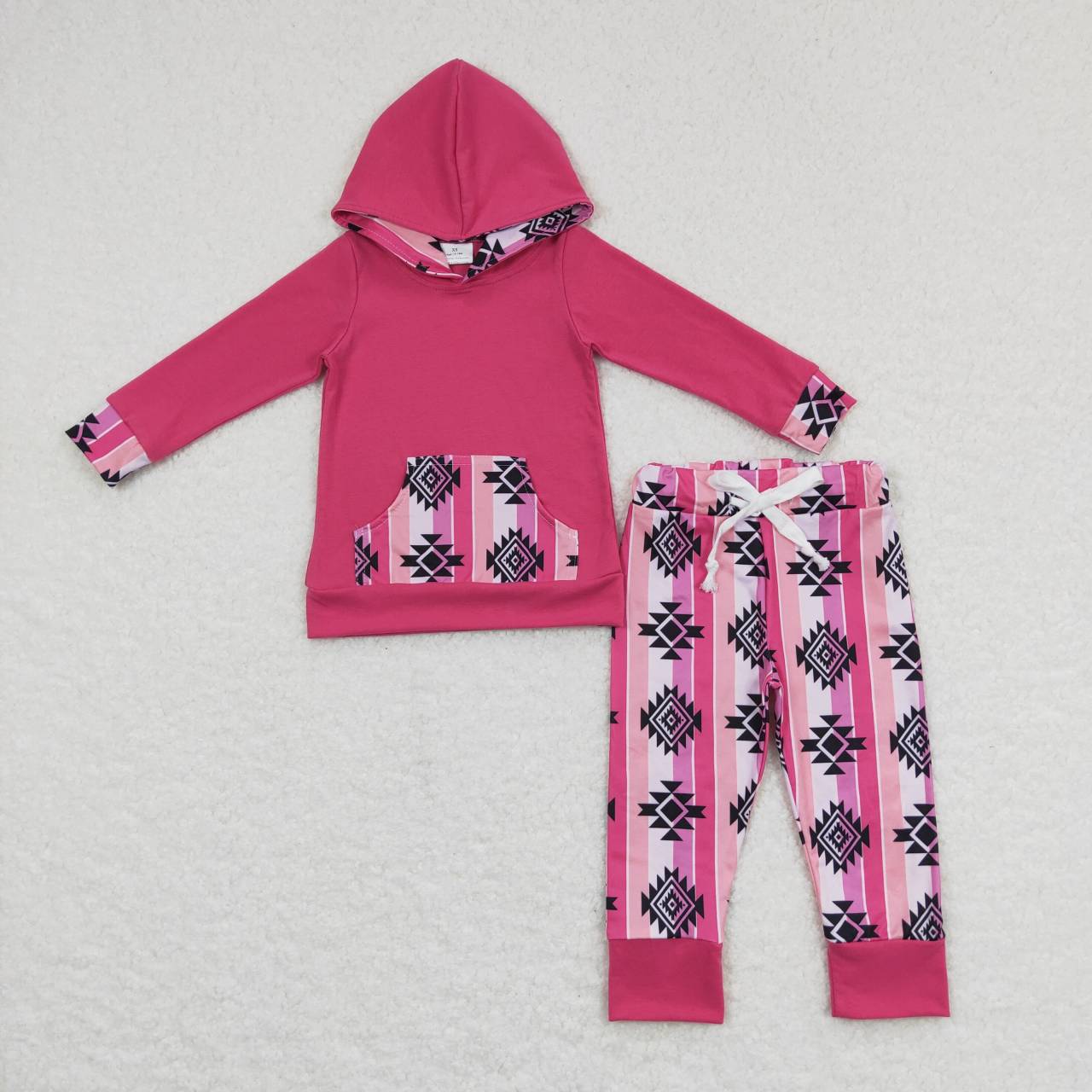 GLP0780 Hot Pink Aztec Print Hoodie Top Girls Western Clothes Set
