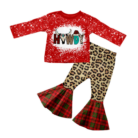(Pre-order)GLP0784 Red Howdy leopard print bell pants girls western Christmas clothes set