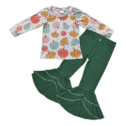 GLP0786 Colorful pumpkin print top green denim double ruffles bell bottom jeans girls fall clothes set
