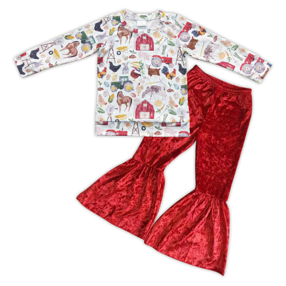 GLP0792 Farm design animals print top red velvet bell bottom pants girls clothes set