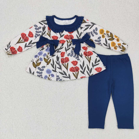 GLP0798 Navy flowers tunic top legging pants girls fall clothes set