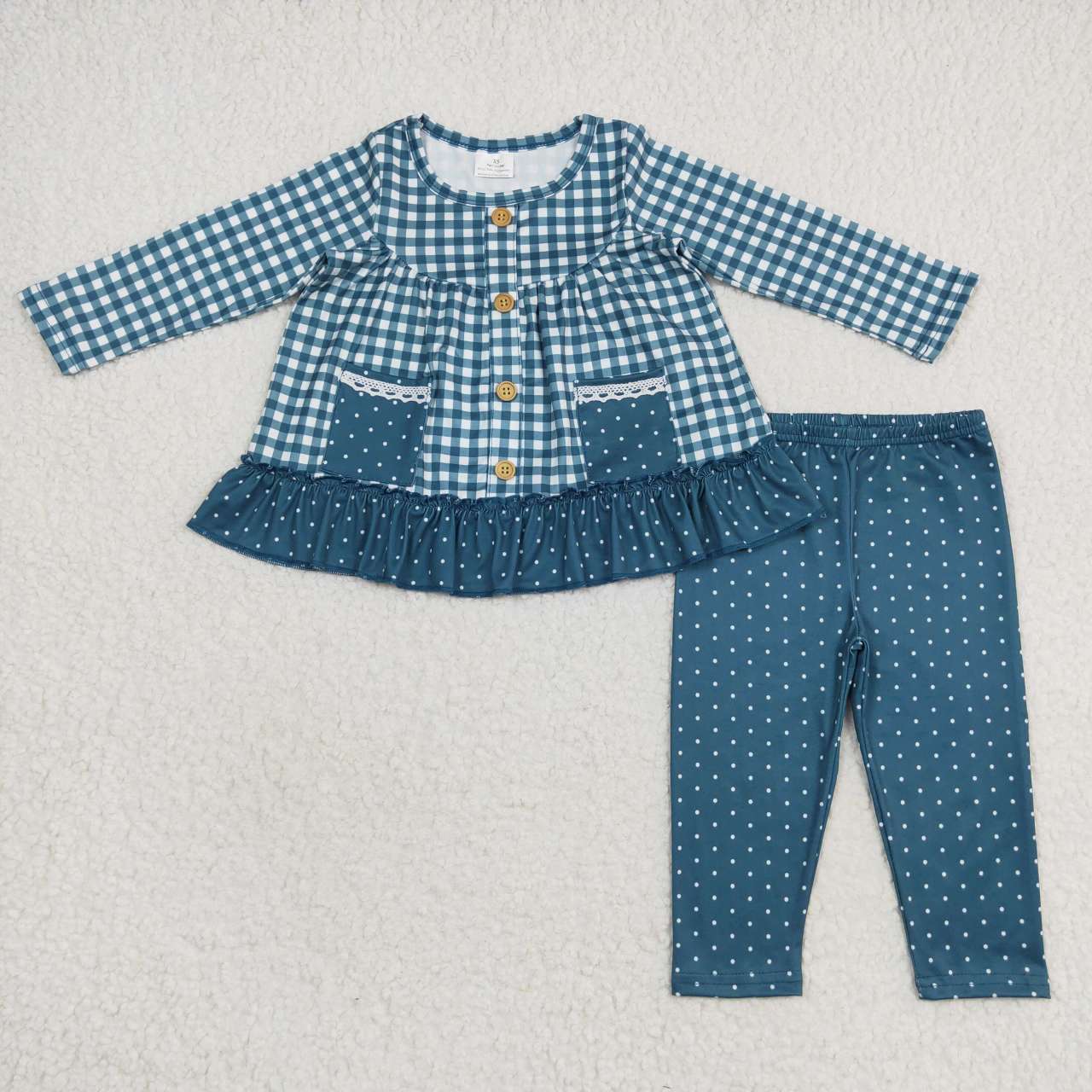 GLP0823 Green Plaid Print Pockets Tunic Top Legging Pants Girls Clothes Set