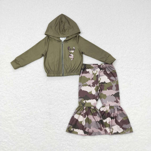 GLP0841 Deer Camo Print Bell Pants Hoodie Jacket Top Girls Clothes Set