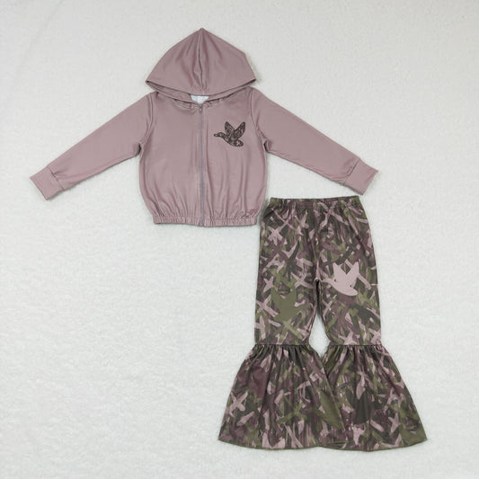 GLP0842 Duck Branch Print Bell Pants Hoodie Jacket Top Girls Clothes Set