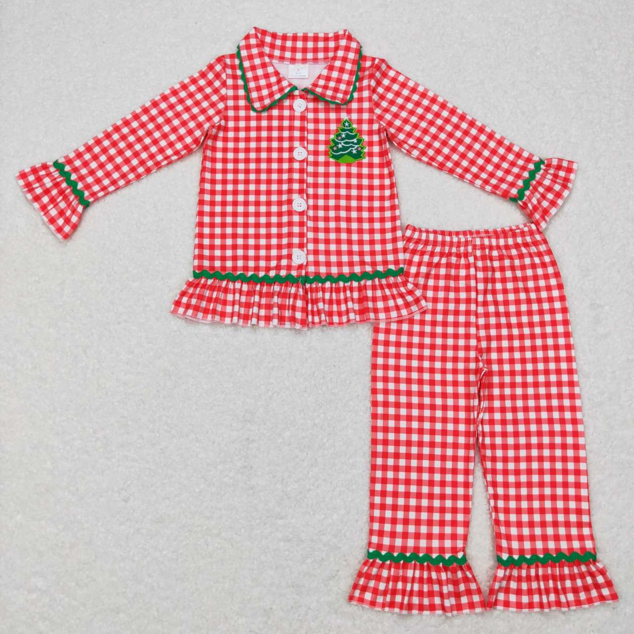 GLP0854 Red Plaid Christmas Tress Embroidery Print Girls Buttons Pajamas Clothes Set