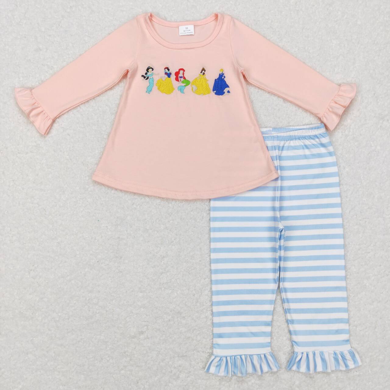 Pink Cartoon Princess Embroidery Girls Clothes Sisters Wear