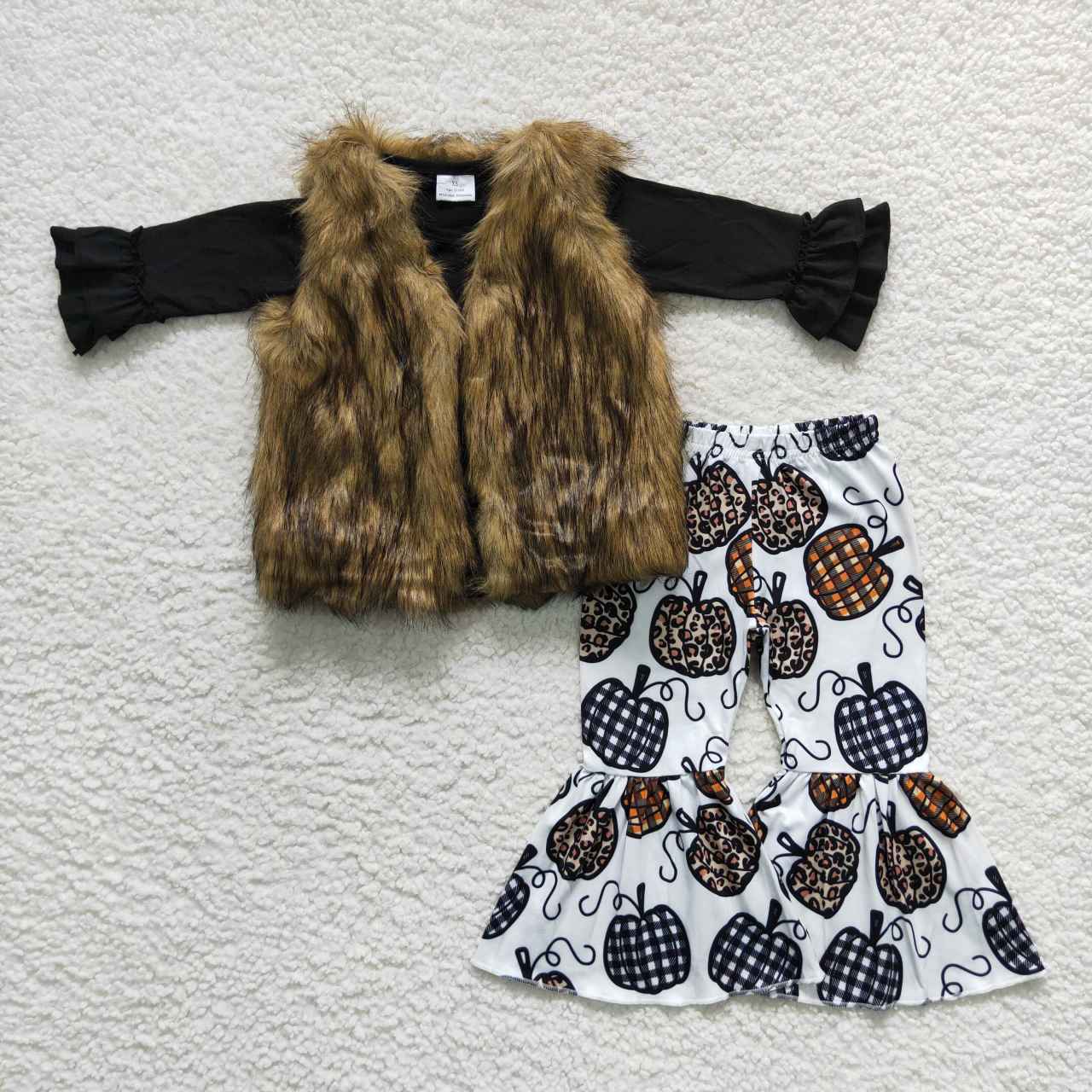 GLP0878 Girls brown faux fur vest and punpkin 3 pieces fall outfits