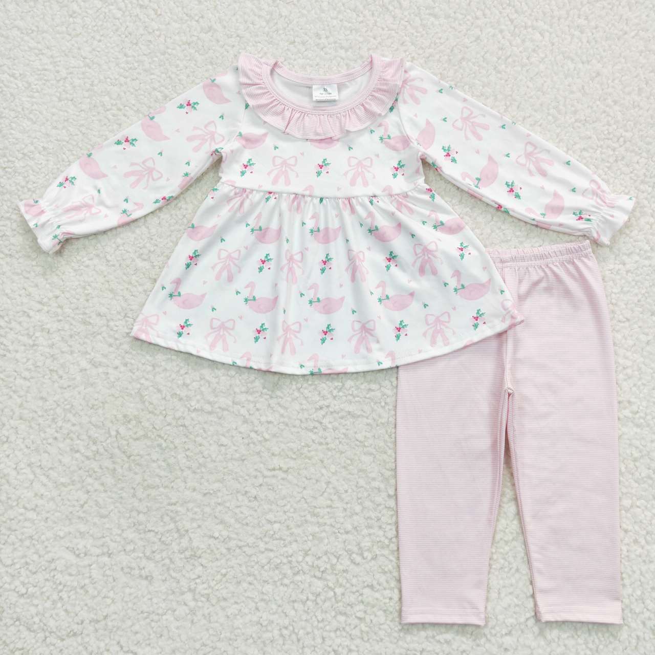 GLP0882 Pink Swan Dancing Shoes Print Tunic Top Legging Pants Girls Christmas Clothes Set
