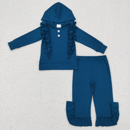 GLP0895 Dark Blue Cotton Ruffles Girls Hoodie Clothes Set