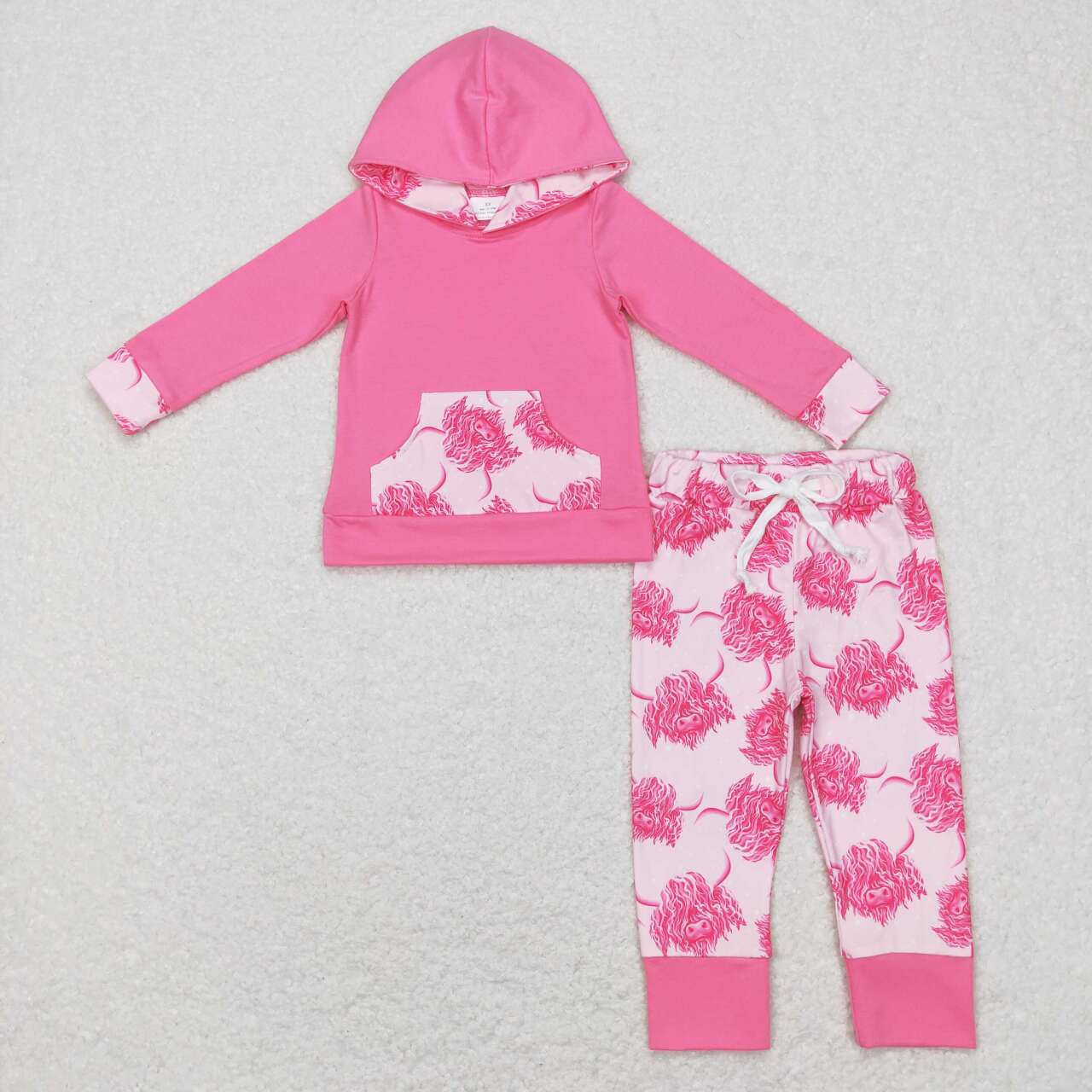 GLP0906 Pink Highland Cow Print Girls Western Clothes Set