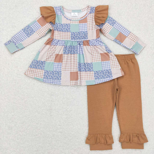 GLP0910 Blue Brown Plaid Print Tunic Top Legging Pants Girls Clothes Set