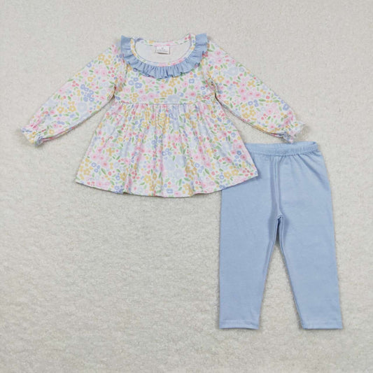 GLP0918 Flowers Tunic Top Light Blue Legging Pants Girls Clothes Set