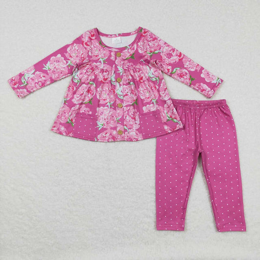 GLP0927 Hot Pink Flowers Print Tunic Top Legging Pants Girls Clothes Set